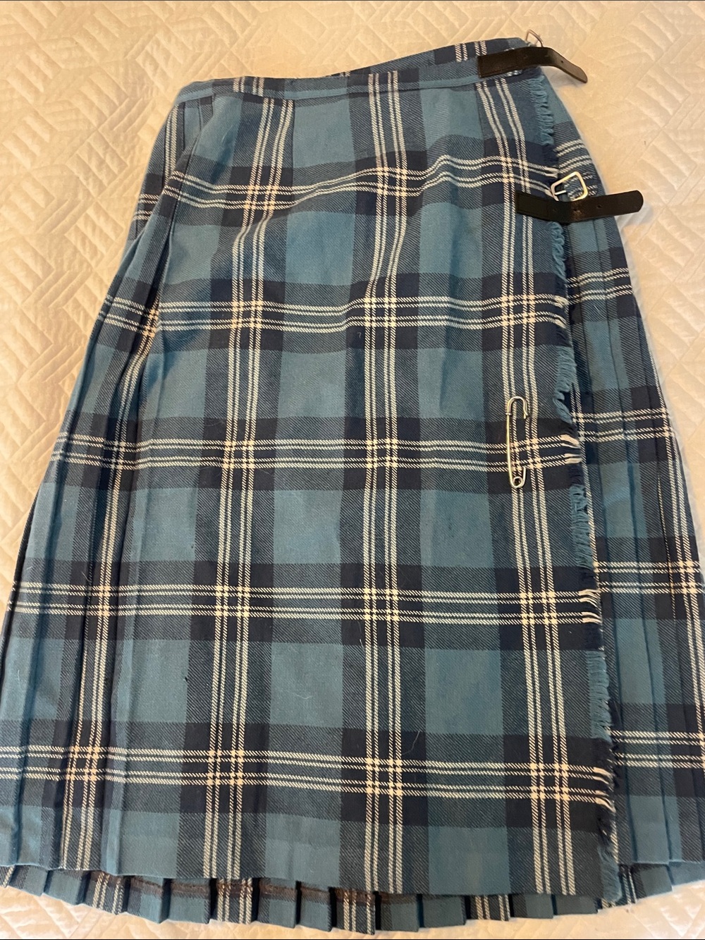 Blue Plaid Wrap Kilt Skirt with Buckle and Safety Pin Detail
